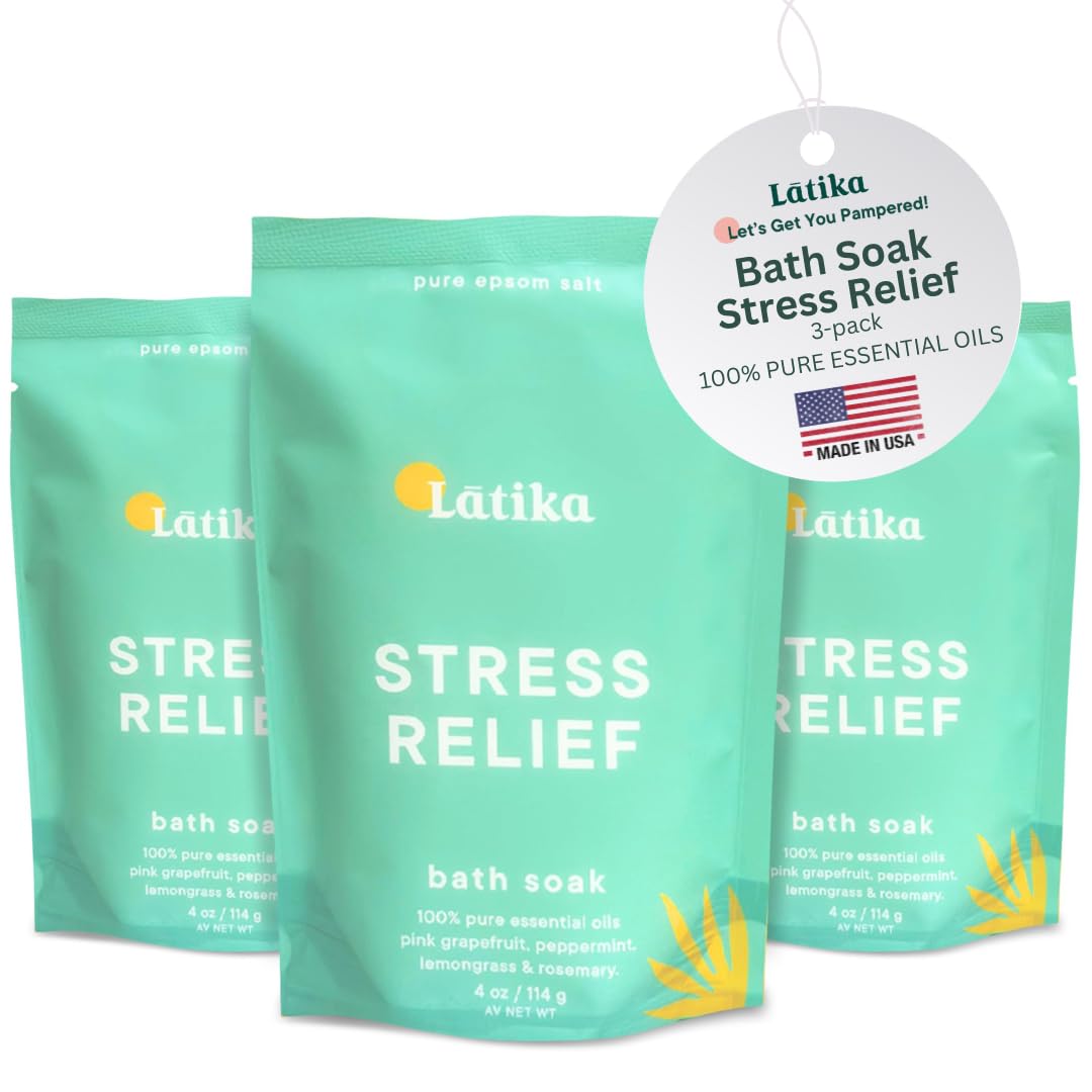 Latika Soaks Set of 3 - Stress Relief Soaks with Sweet Orange and Geranium Rose Moisturizing Epsom Salt Soak for Stress Relief, Relaxation, and Skin