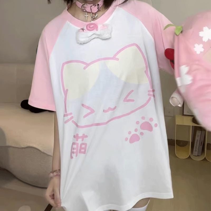 Harajuku Kawaii Gothic Clothes Casual Crewneck Pink Raglan Sleeve Cartoon Graphic Cute Kitty Print T-Shirt - Image 5