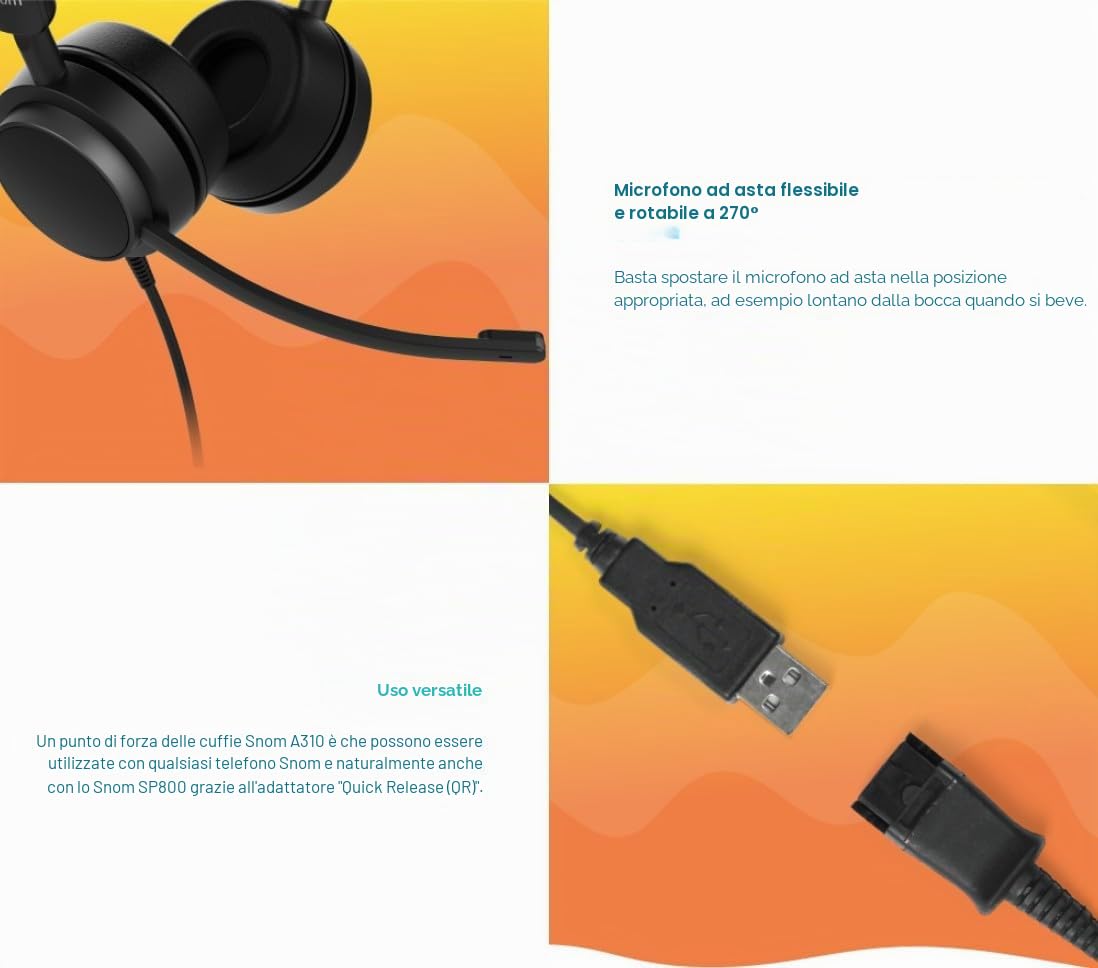 Snom A310D Cuffie Auricolari con Cavo per Call Center e Uffici - cuffie con microfono a cancellazione del rumore e audio HD - Leggere e Confortevoli per Uso Intensivo - Compatibili con Telefoni Snom