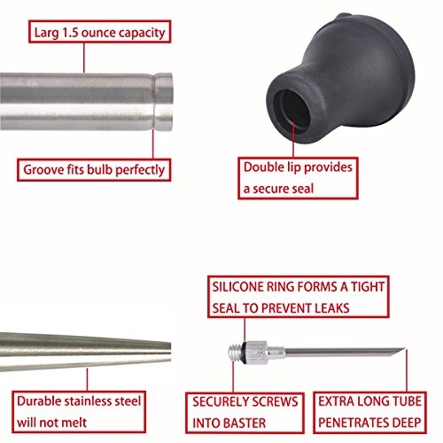Home Servz 304 Stainless Steel Turkey Baster Syringe - Injector Needle with Cleaning Brush - Food Grade Silicone Bulb & 12 Inch Stainless Steel Handle Silicone BBQ Basting Brush - Thumbnail 3