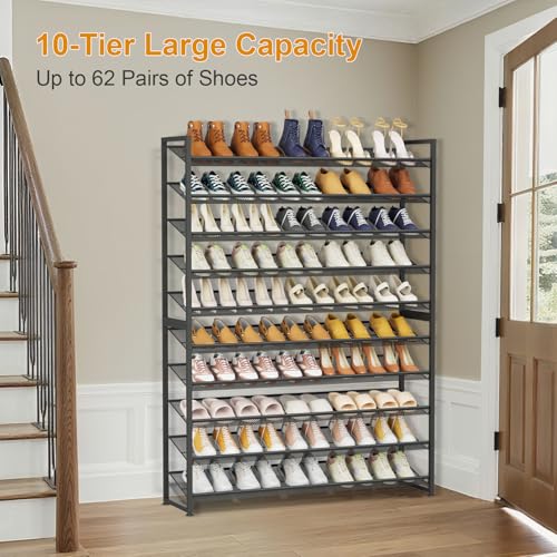 Image of Large Shoe Rack 10 Tier Shoe Organizer, Heavy Duty Metal 5-Tier Stackable Shoe Storage Vertical Shoe Rack for Closet Front Door Entrance, Up to 62 Pairs, 44.8 inch W x 11.4 inch D x 71.2 inch H, Black