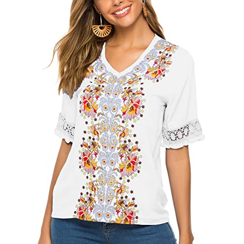 Ak Women's Summer V Neck Boho Embroidered Shirts Short Sleeve Casual Tops Blouse (White, 3Xl) #TOP4