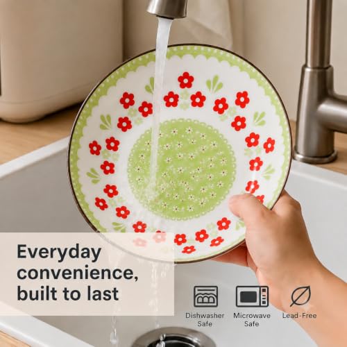 Image of Ceramic Pasta Plate, 20.4 cm Porcelain Dinner Plates, Microwave & Dishwasher Safe, Food Grade Ceramic, Deep Serving Plate for Pasta, Salad, Soup, Curry & Noodles (Green & Red Floral Design, PACK OF 4)