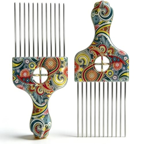 2 Pack Stainless Steel Professional Hair Styling Pick Comb Hair Afro Pick Wide Tooth Comb Suitable Wig Braid Detangle Styling Lift Combs Tool Women Men Curly Hairs Stylings (Waist flower K3)