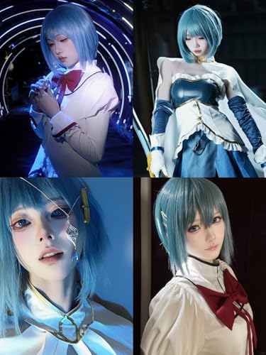 Image of Half and Half Sayaka Miki Cosplay Wig Short Blue Bob Anime Wig with Bangs Dark Teal Wigs Synthetic Fiber Hair for Women Halloween Party