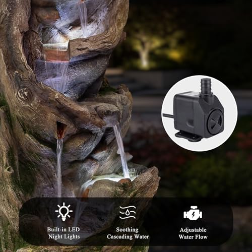 Image of Driftwood Rock Outdoor Water Fountain, Resin with LED, 38.6 in | Cascading waterfall, mimics driftwood & river rock, fitted with pump, indoor & outdoor decor for garden, patio and yard