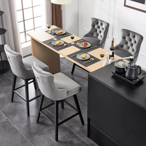 Image of Grey Swivel Bar Stools, Velvet Counter Height Bar Stools Set of 5 | 360 Swivel Bar Chairs, Solid Wood Legs, Upholstered Kitchen Island Stools, Modern Extra Wide Seat (Grey, 30 inch H, 5 Pack)