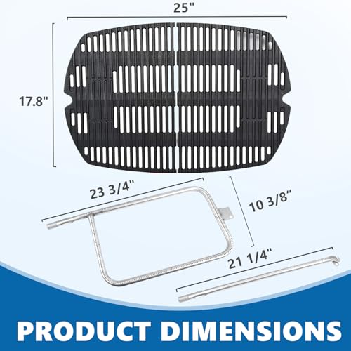 Image of SafBbcue 7584 25 inch Cast Iron Cooking Grates & 65032 23.75 inch Grill Burner for Wber Q300 320 3000 3200 57060001 586002 Grills, Baby Q Grill Grids & Grates and Grill Burner Tube Kit for Weber 7646 & 65032
