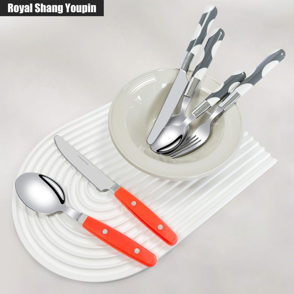 Manico in Plastica Cucina Acciaio Inossidabile Posate Stoviglie Posate Set Coltello Da Bistecca Forchetta Cucchiaio Cucchiaino (UN,16 pezzi)