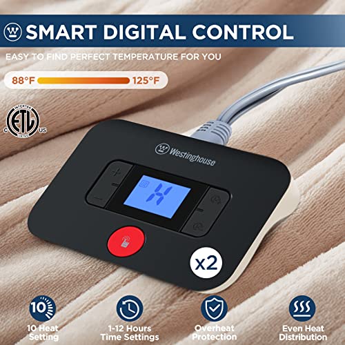Westinghouse Electric Blanket King Size, Super Cozy Soft Flannel 100"" x 90"" Heated Blanket with 10 Fast Heating Levels & 1-12 Auto-Off, Machine Washable, ETL&FCC Certification, Beige
