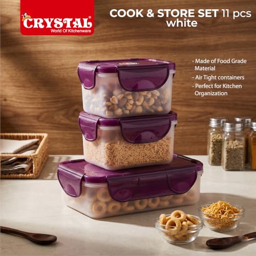 Image of Crystal Aluminum 11 Pcs Non Stick Cookware Set with Induction Bottom | Tawa, Fry Pan, Kadhai with Lid, 4 Serving Spoons, 3 Containers | 4 Layer Non Stick Coating | PFOA Free | White