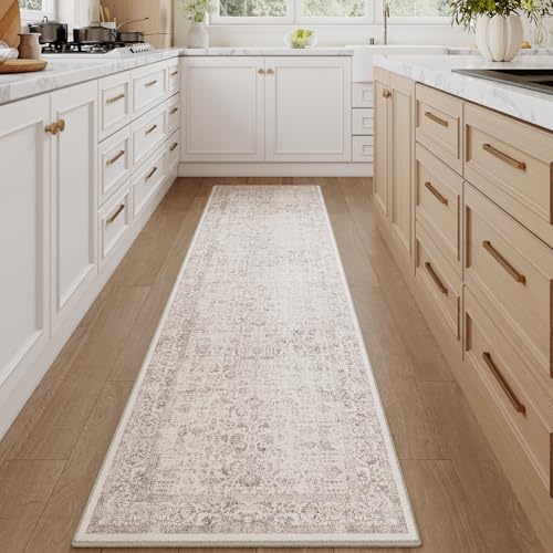 Light Brown Runner Rug 2x8 Hallway Machine Washable Kitchen Vintage Distressed Non Slip Long Carpet Indoor Retro Floral Bedroom Accent Throw Rug for Bathroom Office Laundry Dining Room