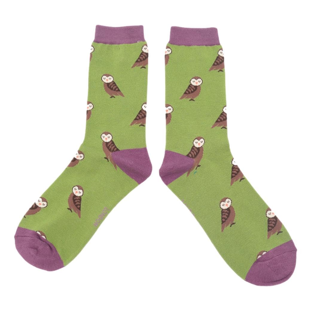 Mr Sparrow Cute Owls on Green Womens Novelty Ankle Socks Adult One Size