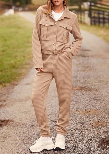 Image of PRETTYGARDEN Womens Two Piece Sets Fall 2026 Long Sleeve Button Down Shacket Jacket Long Sweatpants Tracksuit Winter Clothes