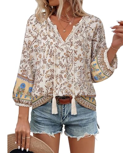 Vivilli Womens Boho Tops Casual V Neck 3/4 Sleeve Blouses Floral Print Shirt Tie Front Flowy Vacation Clothes