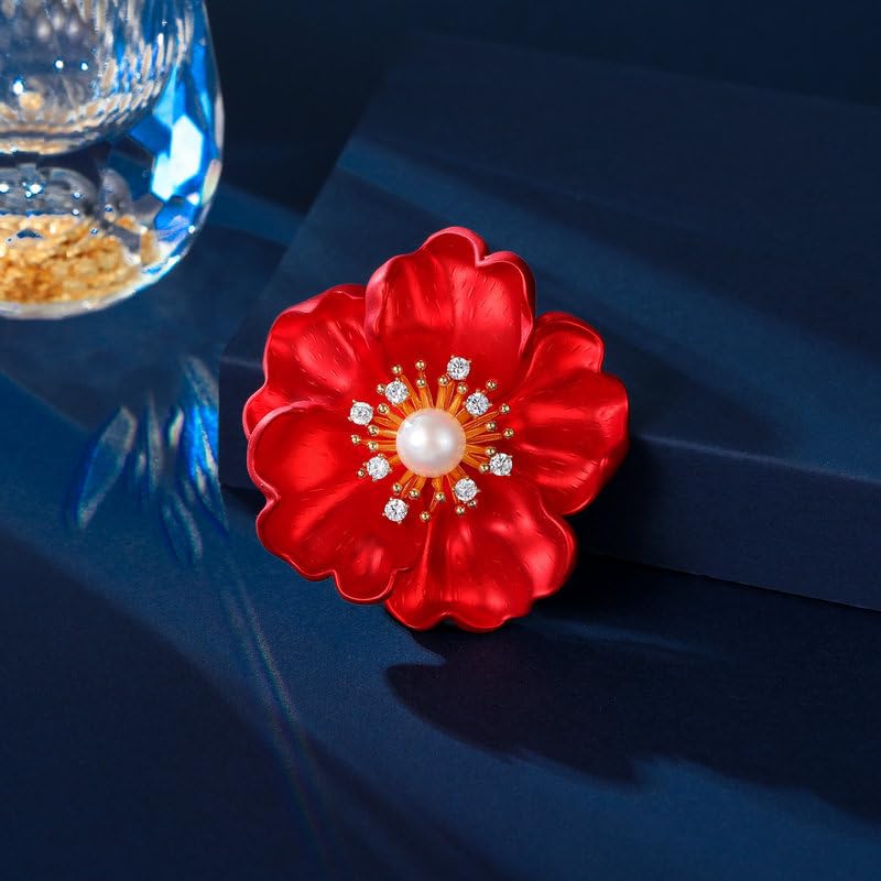 Image of Flower Brooch Pins for Women Rhinestone Red Pin Blazer Dress Denim Jacket Lapel Pin Wedding Holiday Gift Accessories