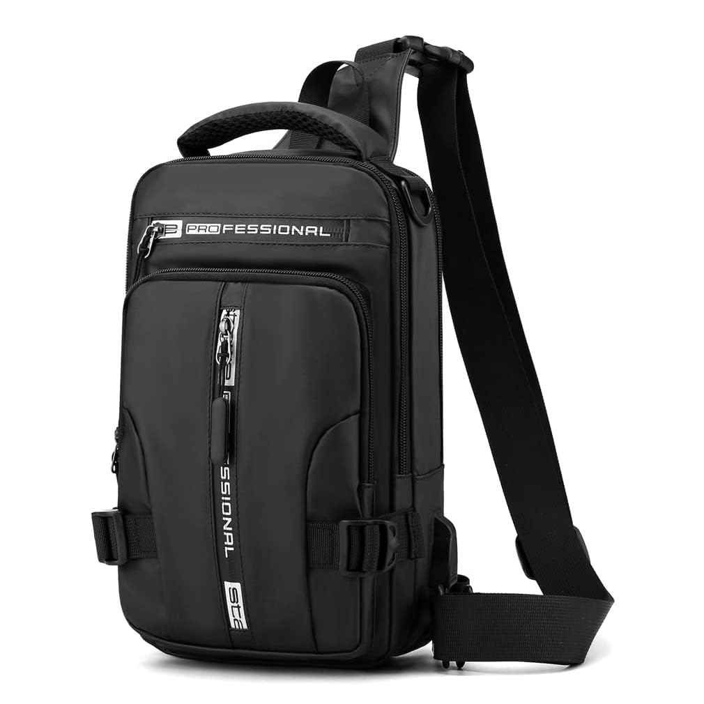 Nylon Casual Sling Backpack Crossbody Shoulder Chest Bag for Men Women Travel Hiking Daypack with USB Charging Port(Black)