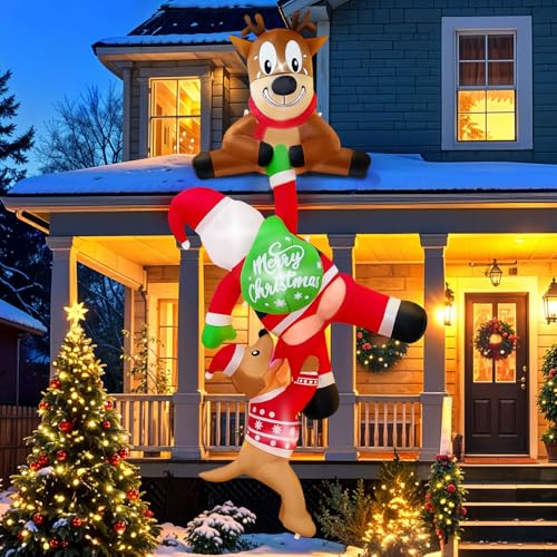 Fayavoo 8 FT Hanging Christmas Inflatable Outdoor Decoration, Inflatable Reindeer Pulling Santa and Dog, Funny Christmas Blow Up Yard Decorations with Built-in LEDs for Xmas Party Roof Lawn Tree Decor