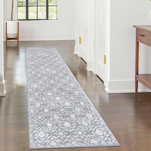 KILOCOCO 2x7 Runner Rug, Moroccan Super Soft Washable Hallway Entryway Runner Rug, Accent Print Faux Wool Kitchen Runner Rug 7 Feet Non-Slip Runners Boho Rug Runners for Bedroom, Silver Grey/Blue