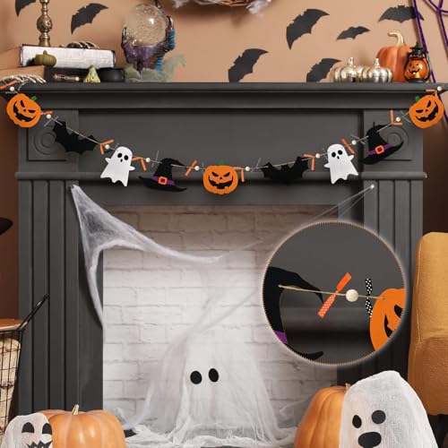 8.2ft Halloween Pumpkin Ghost Garland with Bows Felt Pumpkin Ghost Bat Witch Hat Banner with Wooden Beads Rustic Farmhouse Country Decor for Wall Home Indoor Fireplace Mantle Hanging Decorations