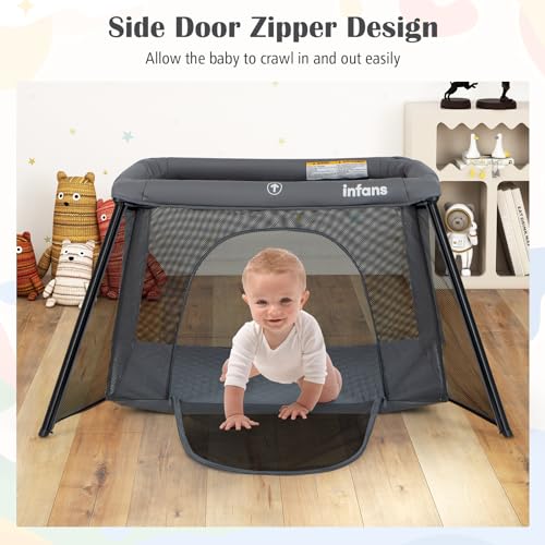 Image of INFANS Travel Crib, Portable Baby Playpen with Removable Bassinet Soft Mattress Carry Bag, Foldable Lightweight Playard for Newborns Toddlers (Dark Gray)