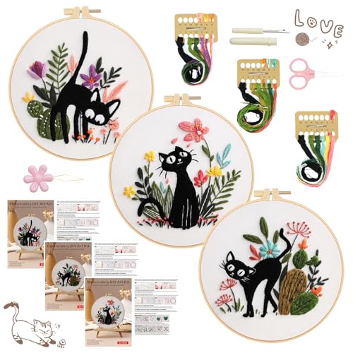 Image of RidaaFri Embroidery Kit for Beginners Set of 3, DIY Hand Stamped Embroidery Kits for Adults and Starts with Cute Cat and Plants Patterns, Hoop, Needle, Threads and Instructions
