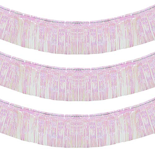Image of 10 Feet by 15 Inch Iridescent White Foil Fringe Garland - Pack of 3 | Metallic Tinsel Banner | Ideal for Parade Floats, Bridal Shower, Wedding, Birthday, Christmas | Wall Hanging Drapes (3)