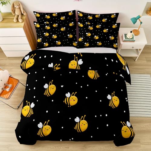 Housse de couette abeilles noir 240x260 parure lit microfibre durable
