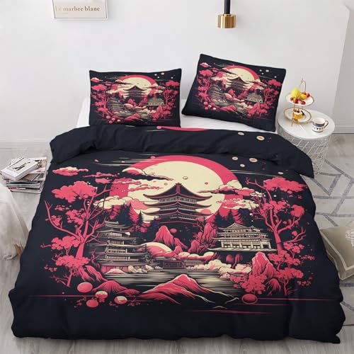 QEODAH Housse de Couette 220x240 Style Japonais - Parure de Lit 2 Personnes Motif Japonaise, Ensemble de Literie Imprimée en Microfibre Douce avec Fermeture éclair, 2...