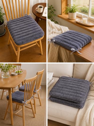 Image of COZY FURNISH Slate Blue-Grey Solid Fluffy Chair Seat Cushions with Ties, 16x16 Inch Faux Fur Dining Chair Pads with Foam Filling, Pack of 2