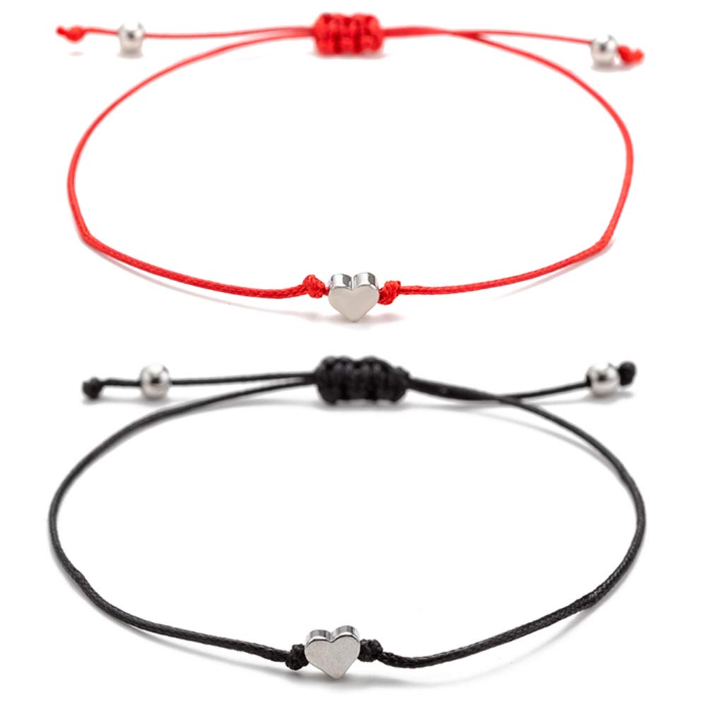 kelistomRed/Black String Silver Gold Heart Charm Bracelets for Women Men Teen Girls Boys Handmade Braided Wax Rope Adjustable 2/6pcs, 9.5 inches, wax rope Metal, Cubic Zirconia