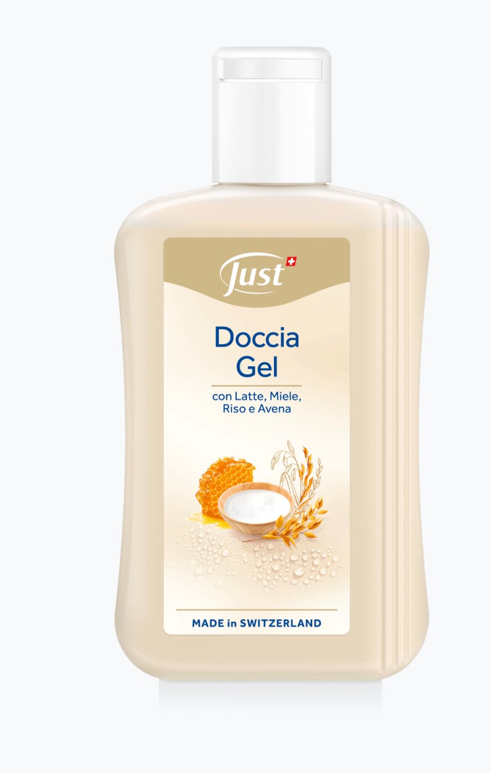 Żel pod prysznic Just z mlekiem, miodem, ryżem i owsem, wyprodukowano w Szwajcarii
