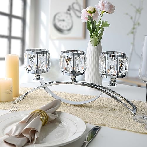 3 Arms Crystal Bowl Tealight Candelabra Votive Candle Stand, Wedding centerpieces for Tables Crystal Candlestick,Centerpiece Table Decorations (Silver) - Image 4