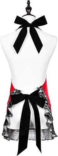 Miniatura 5 de Violet Mist Delantales de cocina retro encantadores para mujer y niña, delantal de encaje rojo y negro, delantal de encaje para mujer, delantal de