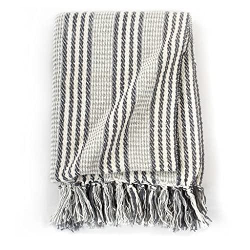 Couverture coton à rayures haut de gamme grand plaid lourd gris blanc - 4