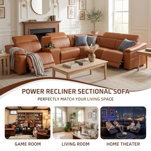 Image of Power Recliner Sectional Sofa, L-Shaped Living Room Furniture Set, Reclining Sectional Couch with Storage Console /Cup Holder for Living Room /House /Apt (Light Brown, Sectional+Sofa)