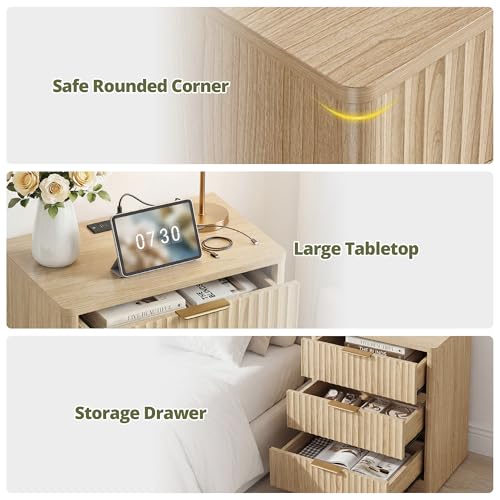 Image of IRONCK Fluted Night Stand Set of 2, Natural Oak | 22 inch Modern Nightstand with Charging Station & 3 Drawers, Bedside Table for Bedroom