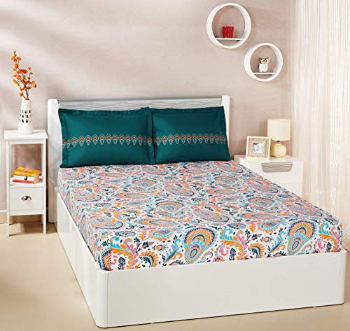 Image of Amazon Brand - Solimo Microfibre Reversible Comforter, Double (Sky Blue & Taupe Grey, 200 GSM) Paisley Preen 144 TC Double Bedsheet with 2 Pillow Covers, Green and Orange
