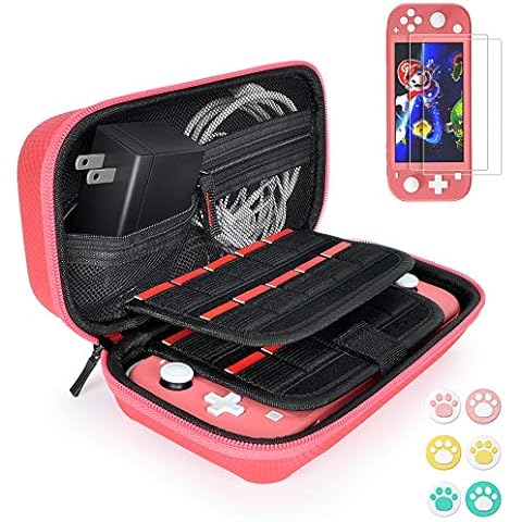 Daydayup Switch Case Compatible with Nintendo Switch Lite with 2 Pack Screen Protector & 6 Pcs Thumb Grip, 20 Game Cartridges Hard Shell Travel Carrying Switch Lite Console & Accessories, Red Cover