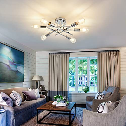 Image of ASGYISA 6-Lights Semi Flush Mount Ceiling Light Fixture Modern Chrome Matte Sputnik Chandelier Farmhouse Ceiling Lighting for Kitchen Bedroom Dining Room Living Room