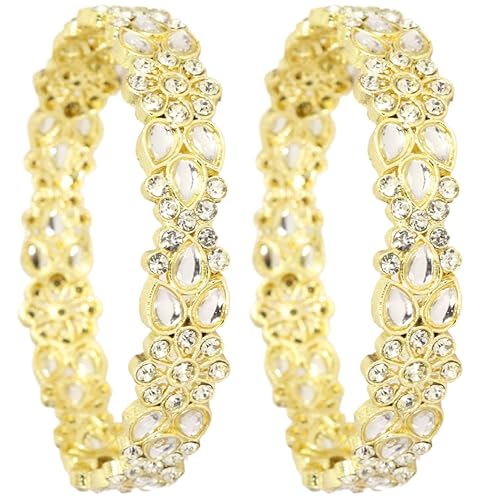 Image of NMII Gold Plated Metal Kundan Stone & American Diamond Bangles For Women & Girls | Traditional Kada For Women | Fancy Rajwada Bangles | Bangles For Wedding, Party, Occasion- Set of 2