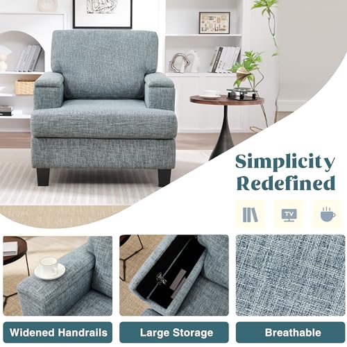 Image of Modern Accent Chairs Set of 2 with Armrest Storage, Upholstered Reading Chairs, Comfy Large Armchairs (Bluish Grey)