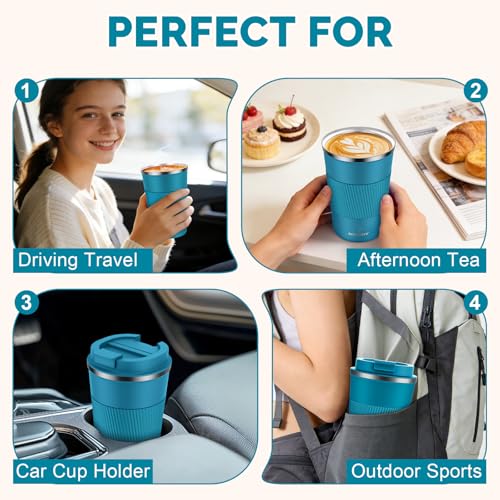 Image of MOMSIV 12oz Travel Mug, Insulated Coffee Cup with Leakproof Lid, Vacuum Stainless Steel Double Walled Reusable Tumbler for Hot and Cold Water Coffee and Tea In Travel and Car (Blue - 380ml)