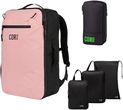 COR Surf Carry On Travel Backpack Bundle | Island Hopper Travel Backpack with Toiletry Bag and Compression Packing Cube Set 28L, Pink