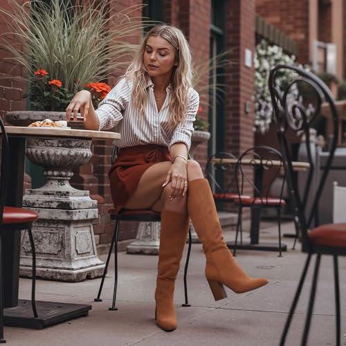 Erocalli Knee High Fall Faux Suede Tall Long Boots Wide Calf Chunky Block High Heel Fashion Boot Round Toe Side Zipper2