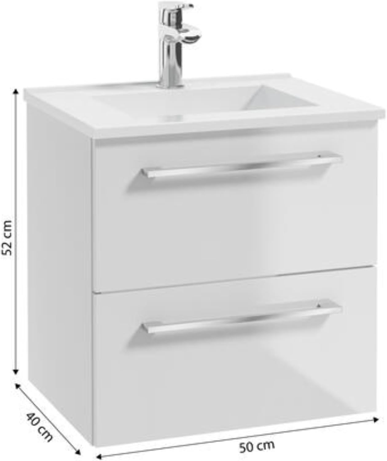.Deftrans Waschbeckenunterschrank 50 cm hängend mit Waschbecken, Armatur & Siphon – Waschtisch mit Unterschrank, Softclose, Badezimmermöbel Set für kleine Bäder, Hochglanz Weiß