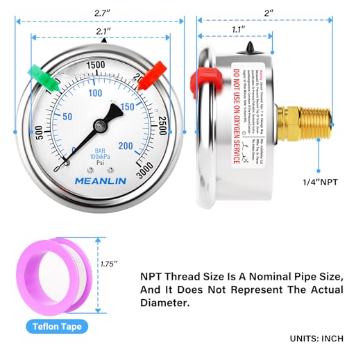 Image of MEANLIN MEASURE 0~3000Psi Liquid Filled Pressure Gauge 1 /4 inch NPT 2.5 inch FACE DIAL Stainless Steel Glycerin Filled WOG Water Oil Air Back Mount (with 2PCS Snaps)