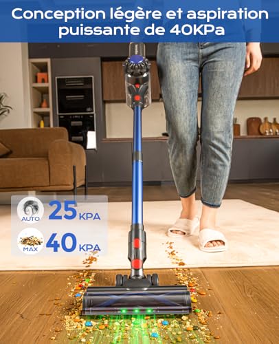 Aspirateur Balai sans Fil, 50Mins/40KPA/450W Aspirateur sans Fil, Aspirateur Balai avec LED Verte, Aspirateur avec Brosse à Plancher Améliorée, pour Tapis, Sols Durs, Poils d'animaux, Bleu – Image 3