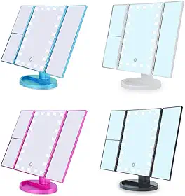 ESPELHO DE MESA GIRATORIO COM ILUMINAÇÃO DE 22 LEDS E AUMENTO PARA MAQUIAGEM, BARBA E LIMPEZA DE PELE PORTATIL