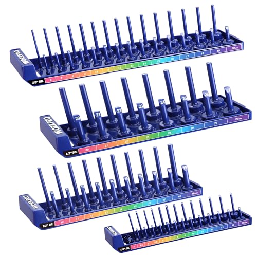 Image of WORKPRO Socket Organizer Set, 4PC Impact Socket Holder, 1 /4 inch, 3 /8 inch, 1 /2 inch Drive Metric Socket Trays, Impact Socket Organizer for Tool Box Drawer, Socket Storage Holds 94 Pieces (Socket not Included) | Fits Impact Sockets, Holds 94 Pieces Sockets, Large Capacity, Clear Size Identification, Socket not Included